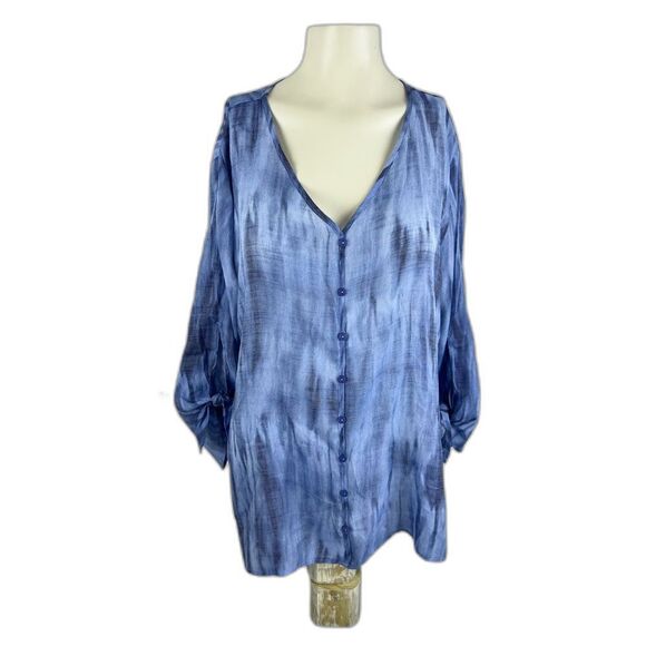 Zac & Rachel Womens Tie Dye V-Neck Button Down Long Sleeve Blouse Top Blue Large - Picture 1 of 10